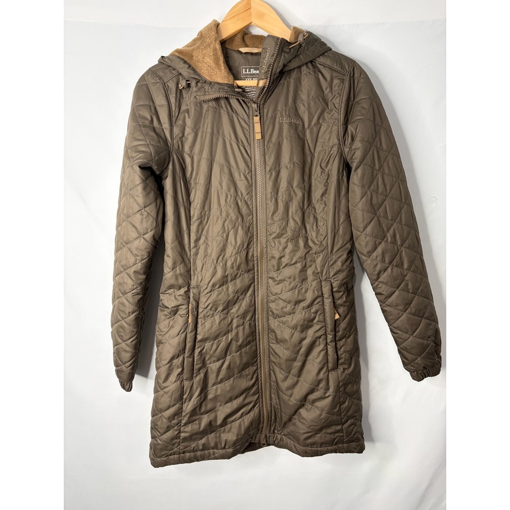 LL Bean Womens Quilted Hooded Parka Jacket XXS Brown Fleece Lined Outdoor Warm